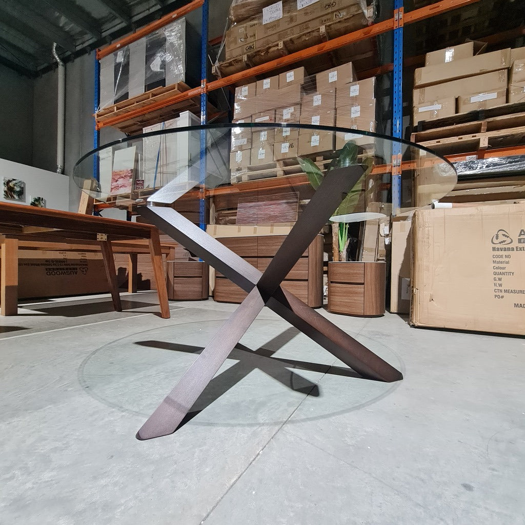 Modern Round 1400 Glass Dining Table - Solid Timber Leg