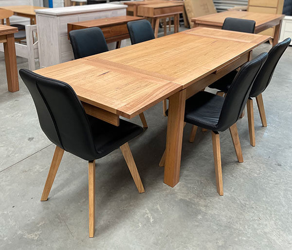 Victorian Ash Ext Dining Table 1500/2500mm + Set 6 Black Leather Swivel Chairs