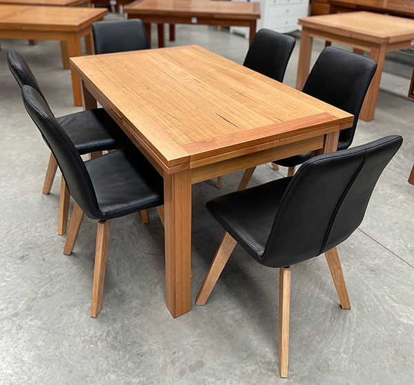 Victorian Ash Ext Dining Table 1500/2500mm + Set 6 Black Leather Swivel Chairs