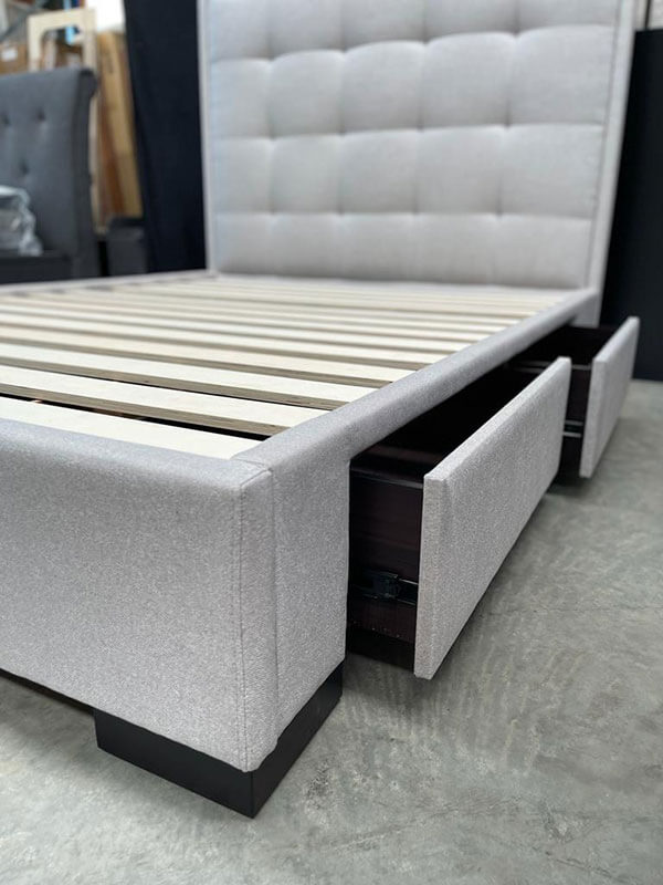 Queen 4 Drawer Storage Bed Warwick 'Cement' Fabric