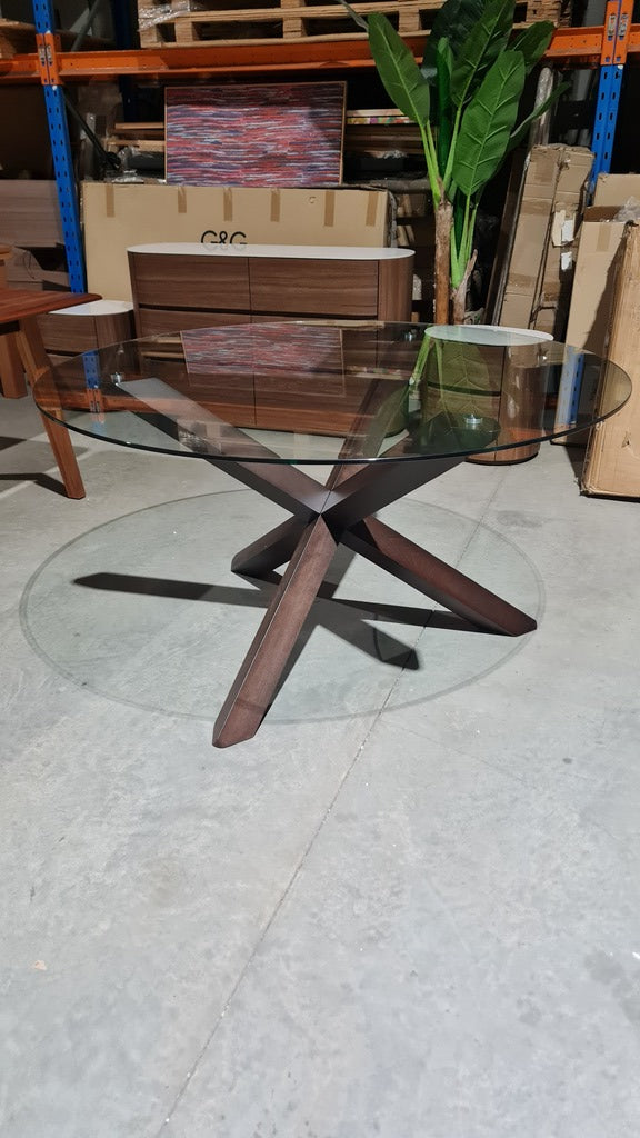 Modern Round 1400 Glass Dining Table - Solid Timber Leg