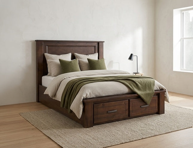 Bronzewood Panel Bed with Drawers