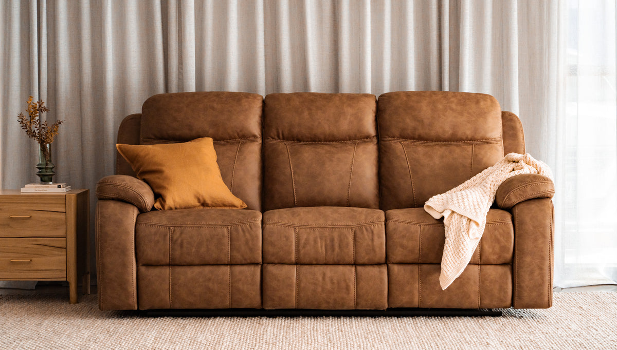 Pemberton Sofa 3 Seater Manual Recliner With Drawer - Pecan Fabric - clearance furniture
