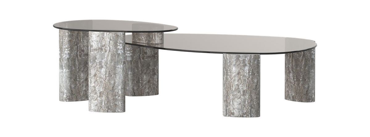 Silverspring Nesting Table - Silver Travertine &amp; Glass - clearance furniture