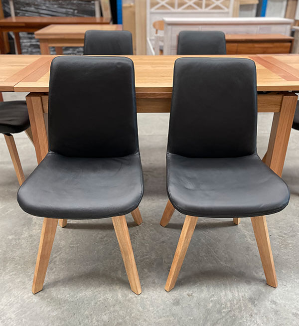 Victorian Ash Ext Dining Table 1500/2500mm + Set 6 Black Leather Swivel Chairs
