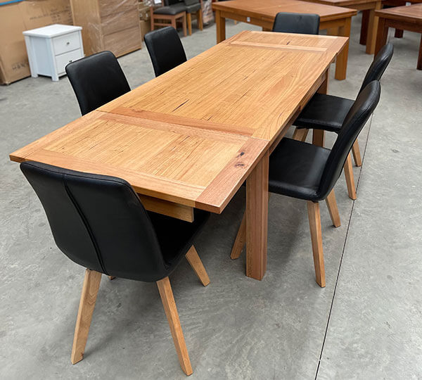 Victorian Ash Ext Dining Table 1500/2500mm + Set 6 Black Leather Swivel Chairs