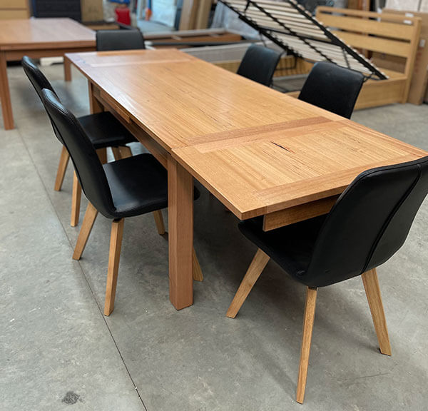 Victorian Ash Ext Dining Table 1500/2500mm + Set 6 Black Leather Swivel Chairs