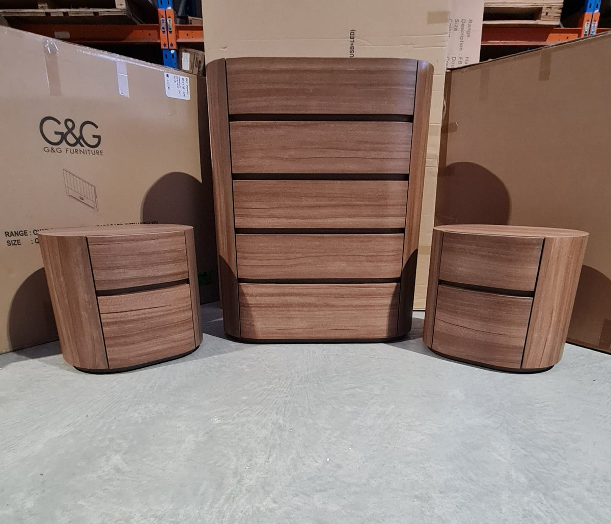 Walnut Tallboy and 2 Bedside Tables