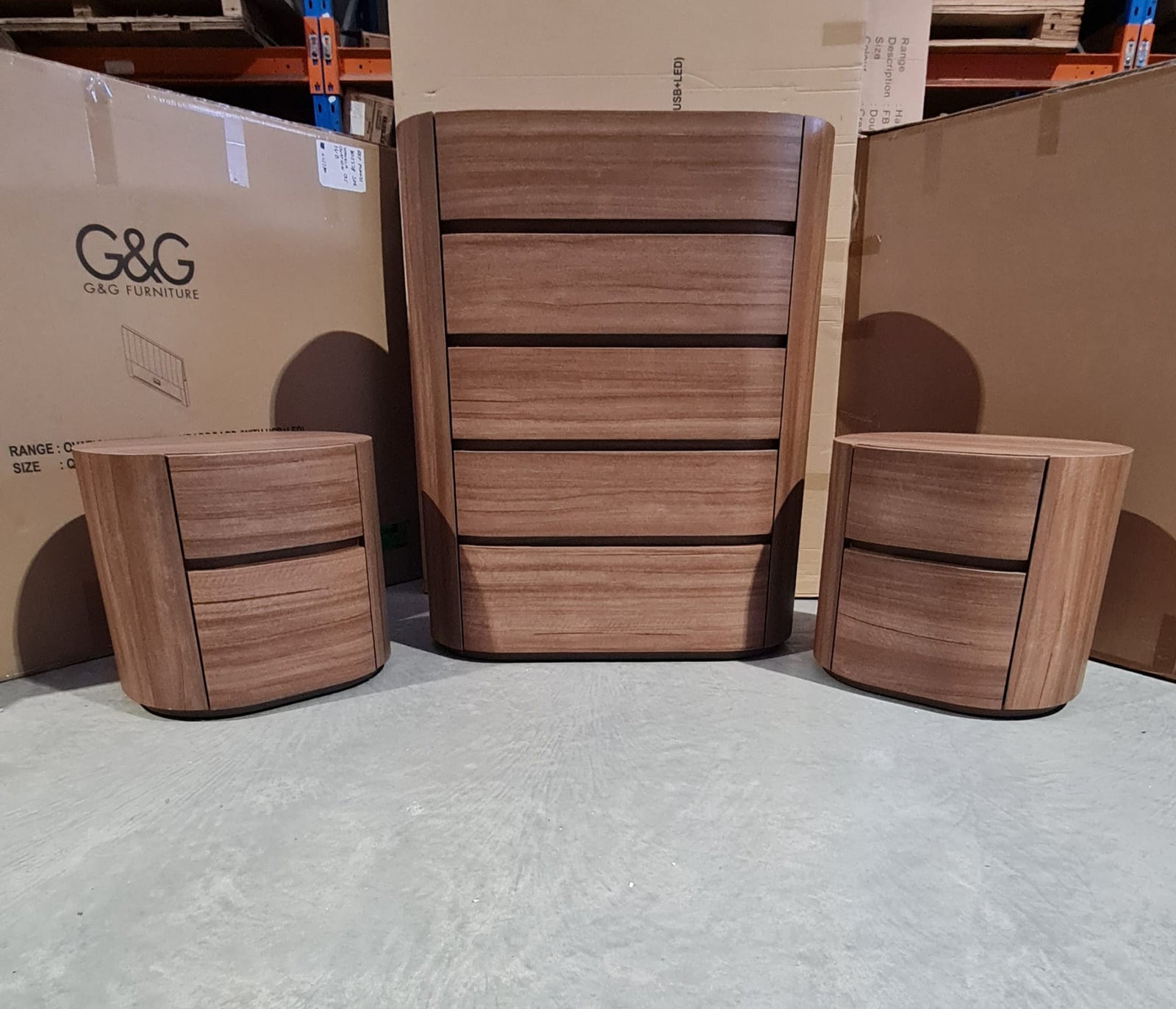 Walnut Tallboy and 2 Bedside Tables
