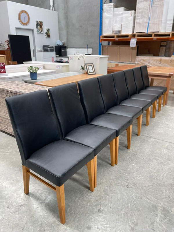 Set 8 x Genuine Black Leather Chairs w/ Wheat Timber Legs