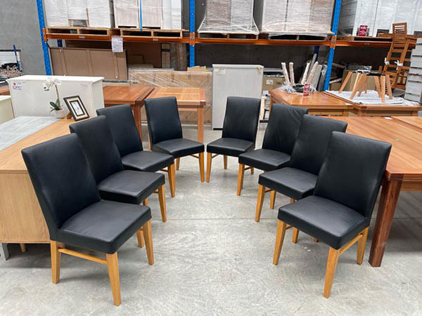 Set 8 x Genuine Black Leather Chairs w/ Wheat Timber Legs