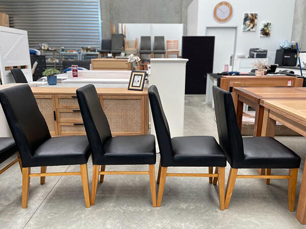 Set 8 x Genuine Black Leather Chairs w/ Wheat Timber Legs