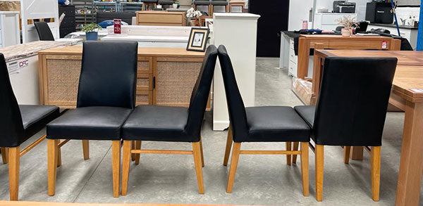 Set 8 x Genuine Black Leather Chairs w/ Wheat Timber Legs