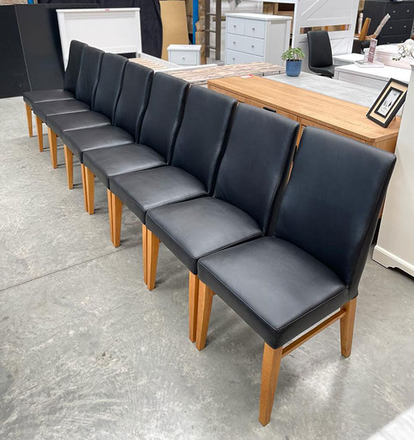 Set 8 x Genuine Black Leather Chairs w/ Wheat Timber Legs